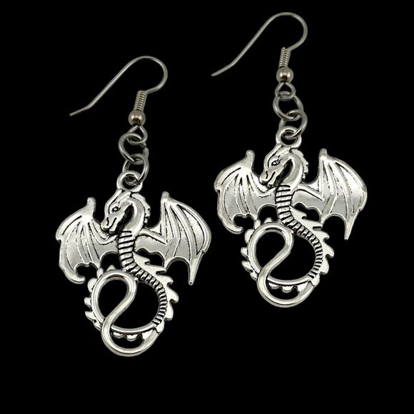Silver-tone Goth Dragon Earrings Surgical Steel Fish Hooks - Picture 5 of 8
